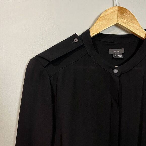 Theory Women's Size Large  Black Long Sleeves Button-Up Silk Shirt Blouse - Picture 9 of 10